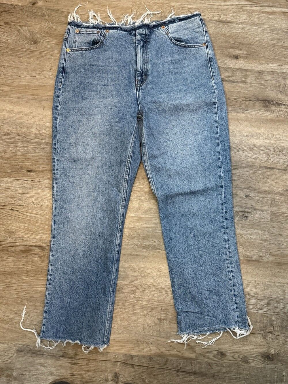 Topshop Women's Blue Straight Denim Jeans Zip Distressed Raw Hem Modified 34x26